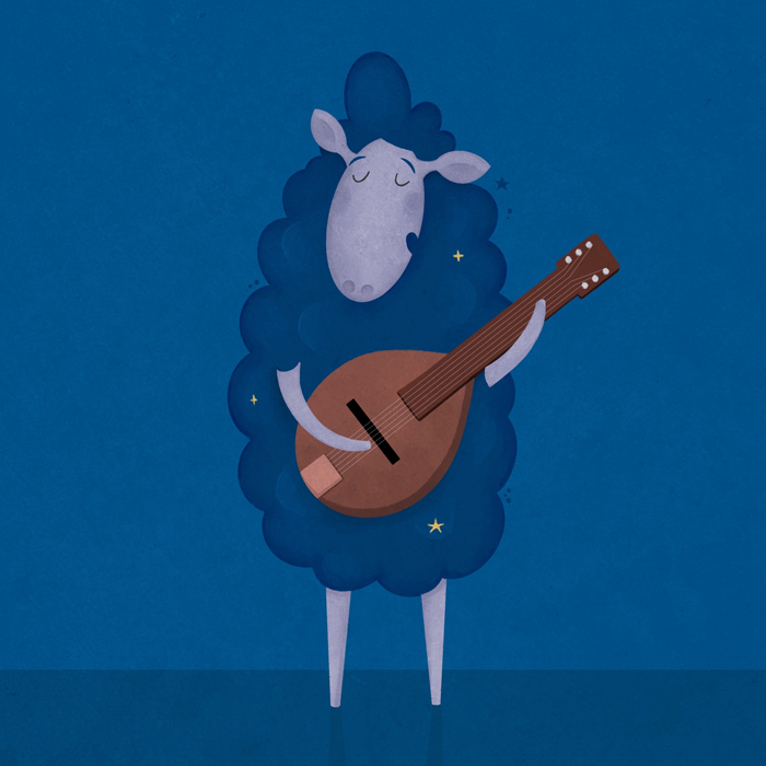 Illustration eines blauen Schafs, das Mandoline spielt.